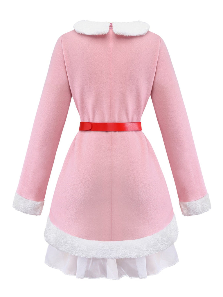Ensemble robe rose à bordure peluche elfe de Noël années 1950
