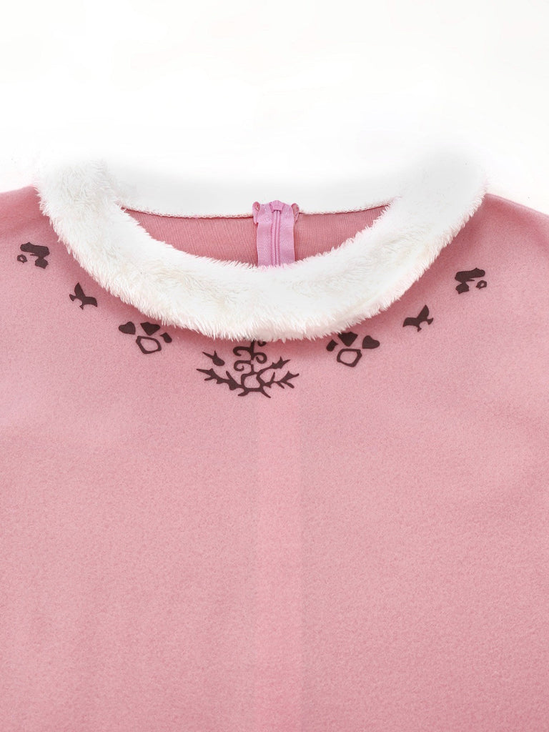 Ensemble robe rose à bordure peluche elfe de Noël années 1950