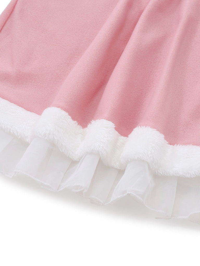 Ensemble robe rose à bordure peluche elfe de Noël années 1950