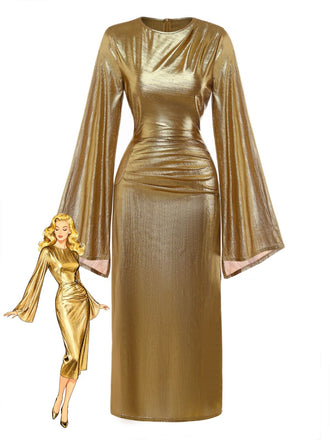 Robe à manches chauve-souris et taille froncée ornée de feuilles d'or années 1970