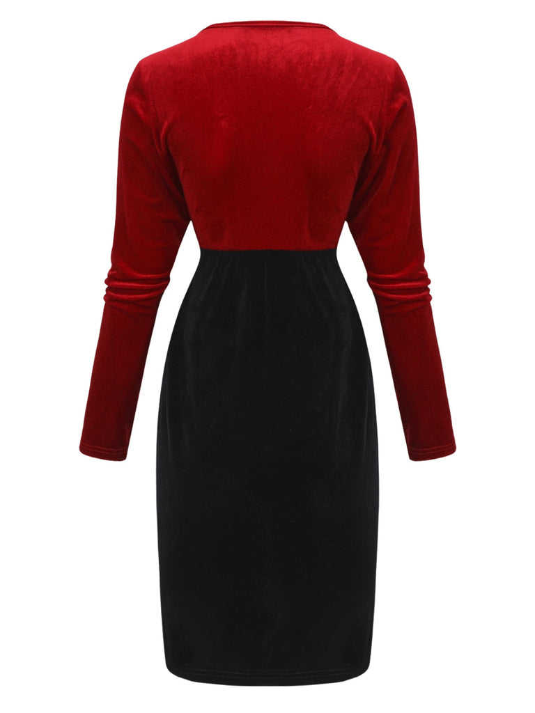 Robe moulanteen velours col en V torsadé rouge et noire des années 1960