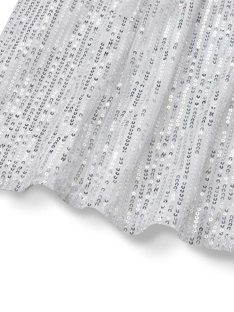 Robe argentée à paillettes asymétrique une épaule et fendue sur le côté années 1920