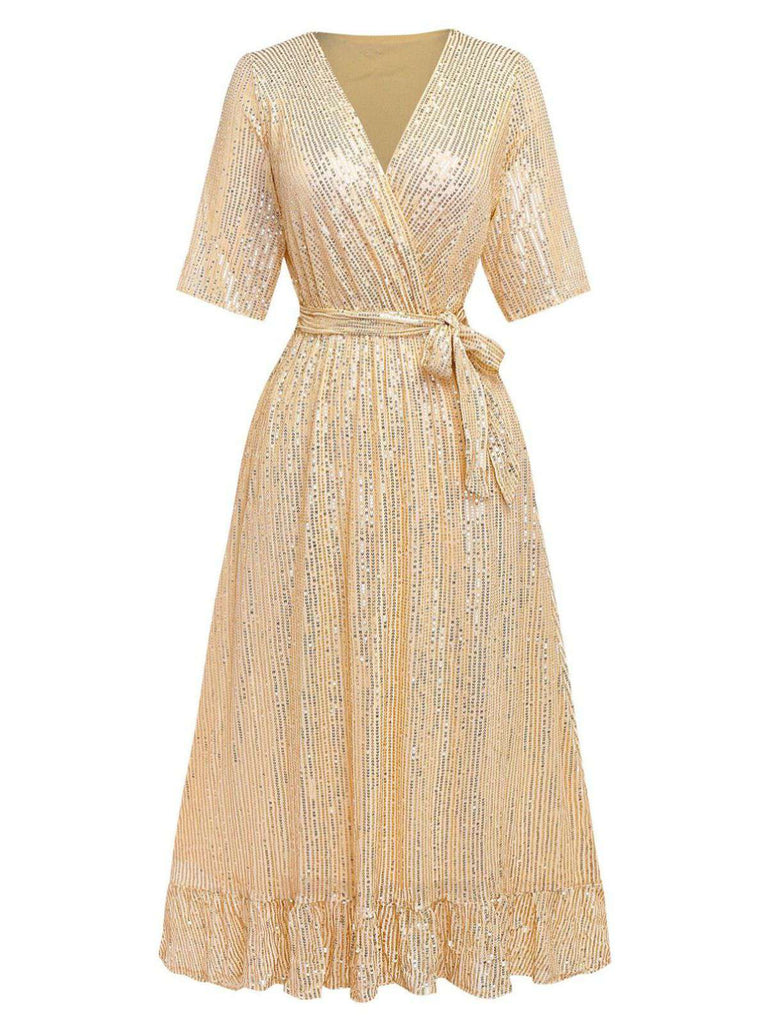 Robe col en V et ourlet à volants et paillettes des années 1930
