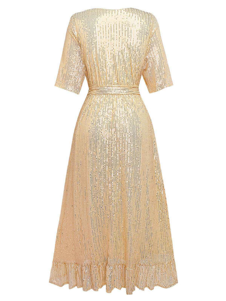 Robe col en V et ourlet à volants et paillettes des années 1930