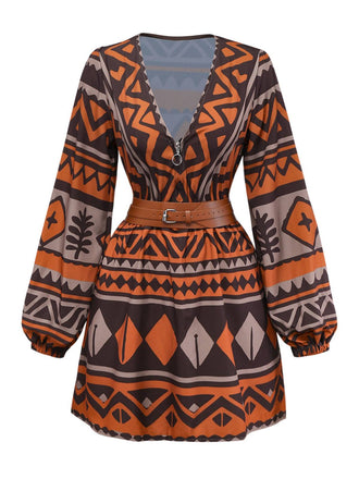 Robe bohème marron à imprimé tribal et décolleté en V profond style années 1970