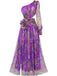 Robe de soirée violette une épaule en résille ornée de fleurs 3D années 1930