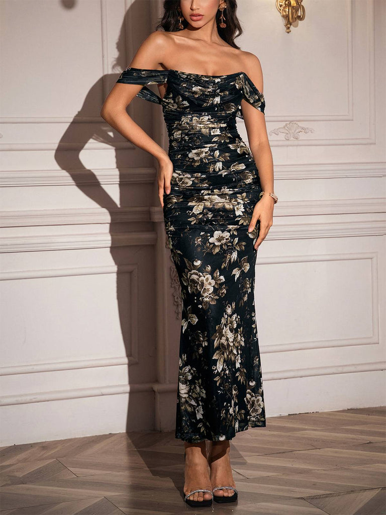 Robe Bodycon Épaules Dénudées Fleurs Maille Ruchée Années 80