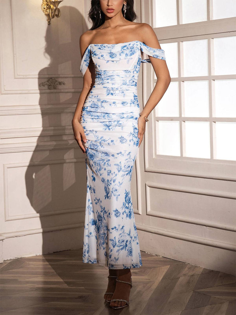 Robe Bodycon Épaules Dénudées Fleurs Maille Ruchée Années 80