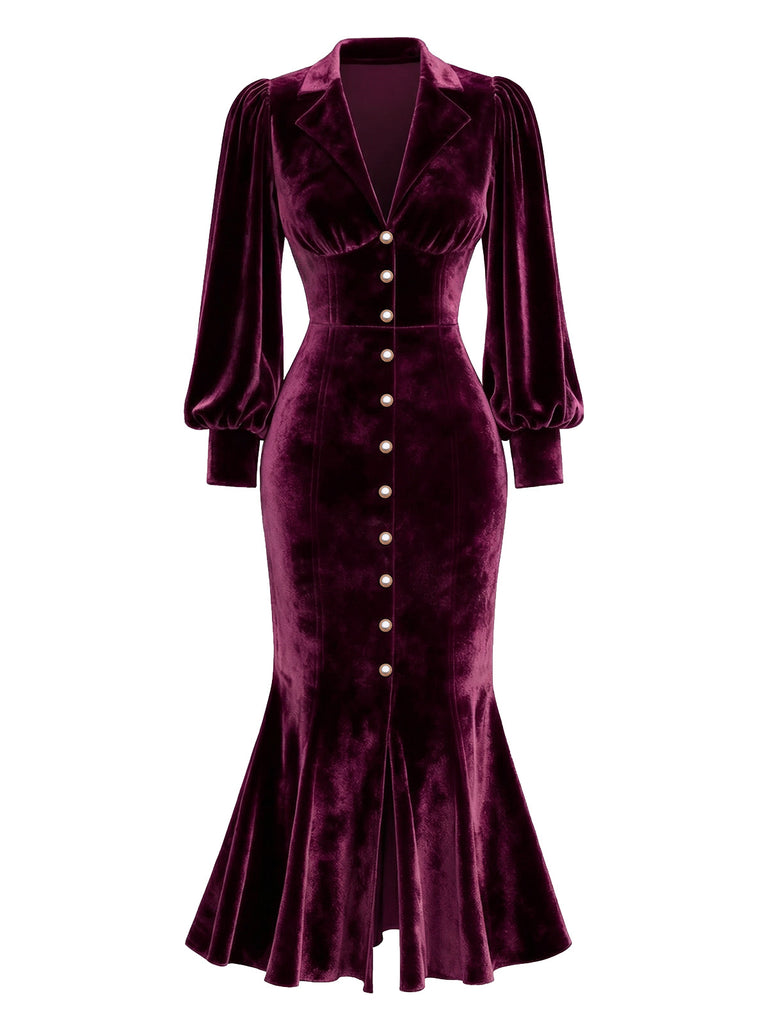Robe sirène en velours vert ornée de perles manches lanternes années 1930
