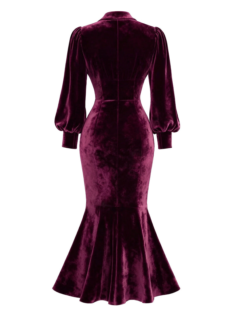 Robe sirène en velours vert ornée de perles manches lanternes années 1930
