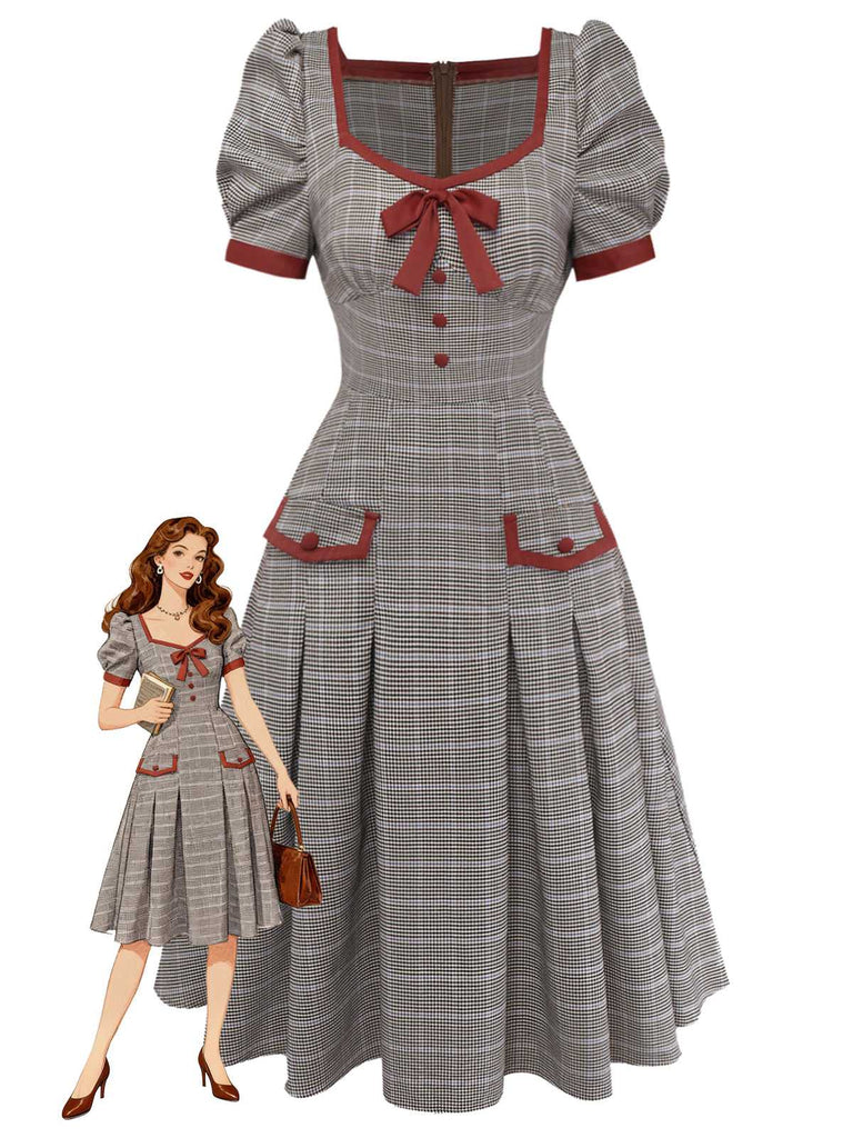 Robe plissée marron nœud et motif pied-de-poule années 1950