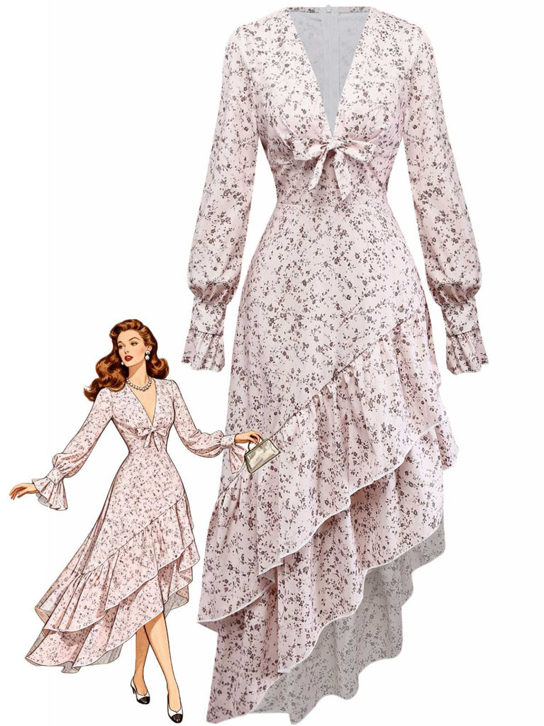 Robe multicolore à fleurs col en V et ourlet à volants irréguliers des années 1940