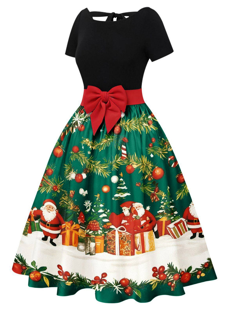 Robe trapèze à nœud et patchwork sapin de Noël années 1950