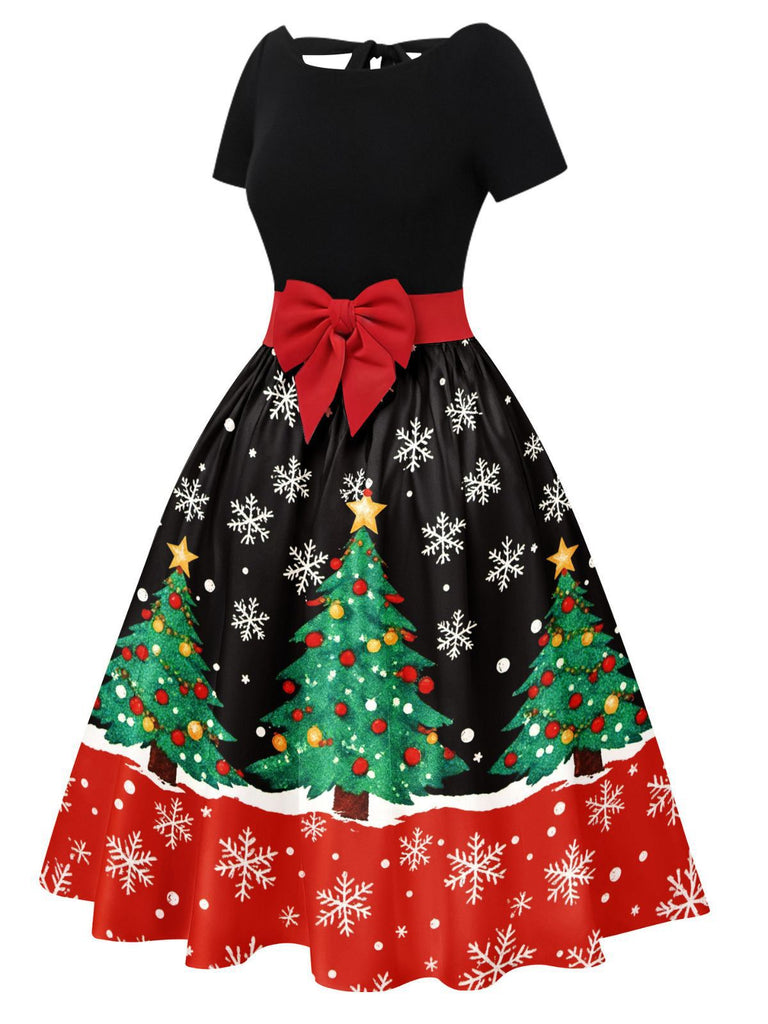 Robe trapèze à nœud et patchwork sapin de Noël années 1950