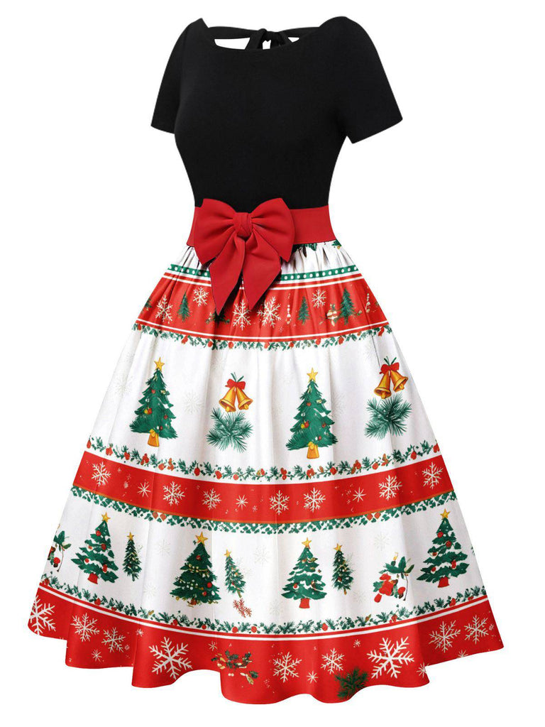 Robe trapèze à nœud et patchwork sapin de Noël années 1950