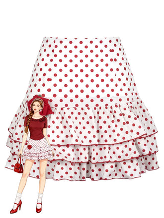 Mini-jupe rouge à pois rose 3D ourlet à volants des années 60