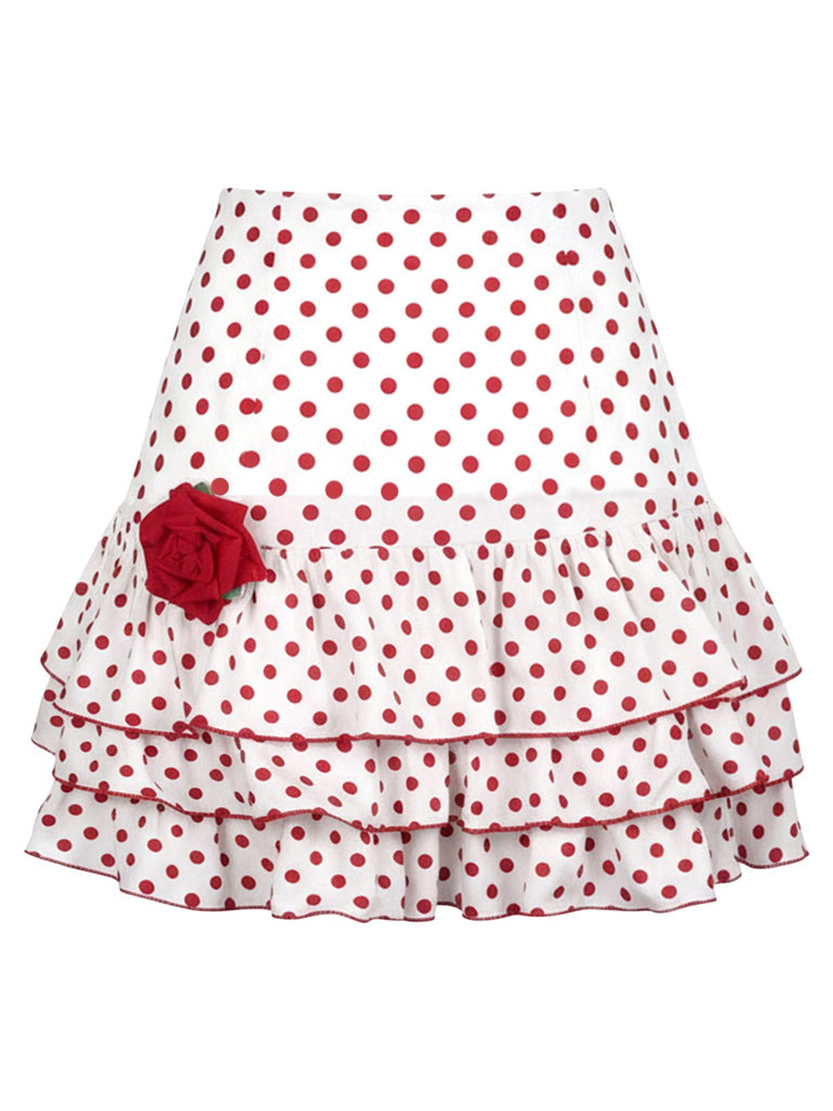 Mini-jupe rouge à pois rose 3D ourlet à volants des années 60