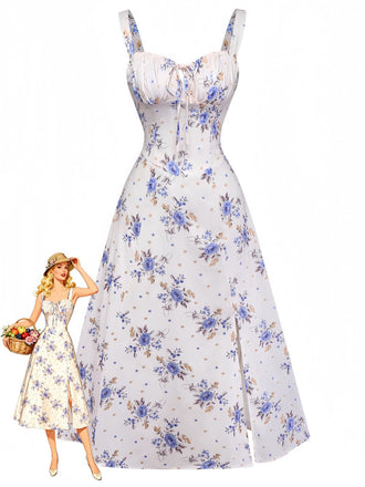 Robe beige à fleurs avec lacets et fente latérale années 1950