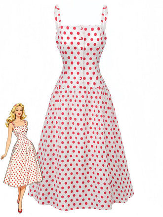Robe Rouge Pois Col Carré Bretelles Larges Années 50
