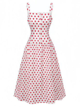 Robe Rouge Pois Col Carré Bretelles Larges Années 50