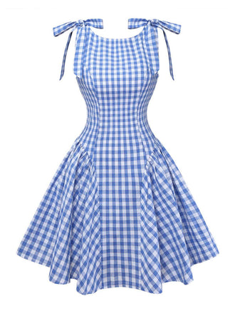 Robe empire bleue à carreaux vichy bretelles nouées sur les épaules années 1960
