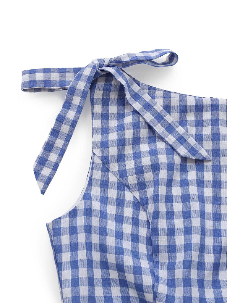 Robe empire bleue à carreaux vichy bretelles nouées sur les épaules années 1960