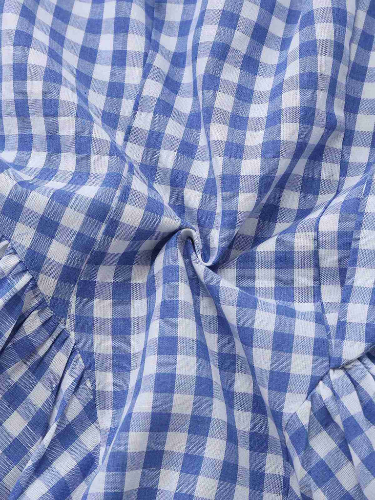 Robe empire bleue à carreaux vichy bretelles nouées sur les épaules années 1960