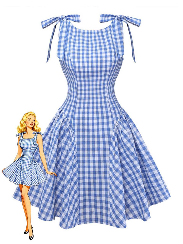 Robe empire bleue à carreaux vichy bretelles nouées sur les épaules années 1960