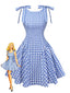 Robe empire bleue à carreaux vichy bretelles nouées sur les épaules années 1960