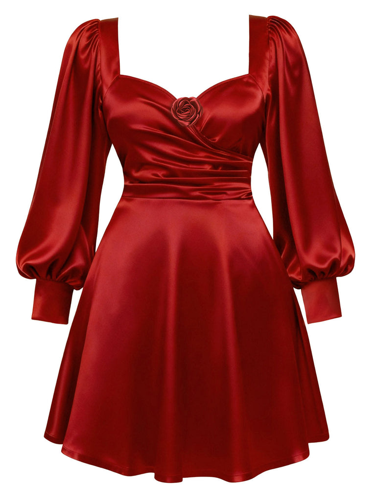 [Prévente][Grande Taille] Robe bordeaux en satin uni motif rose 3D années 1960