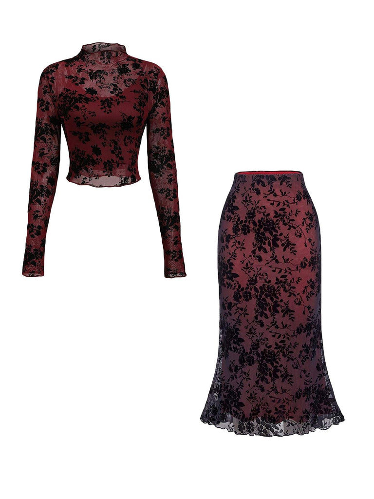 3PCS Ensemble transparent motif floral floqué rouge vin années 1930