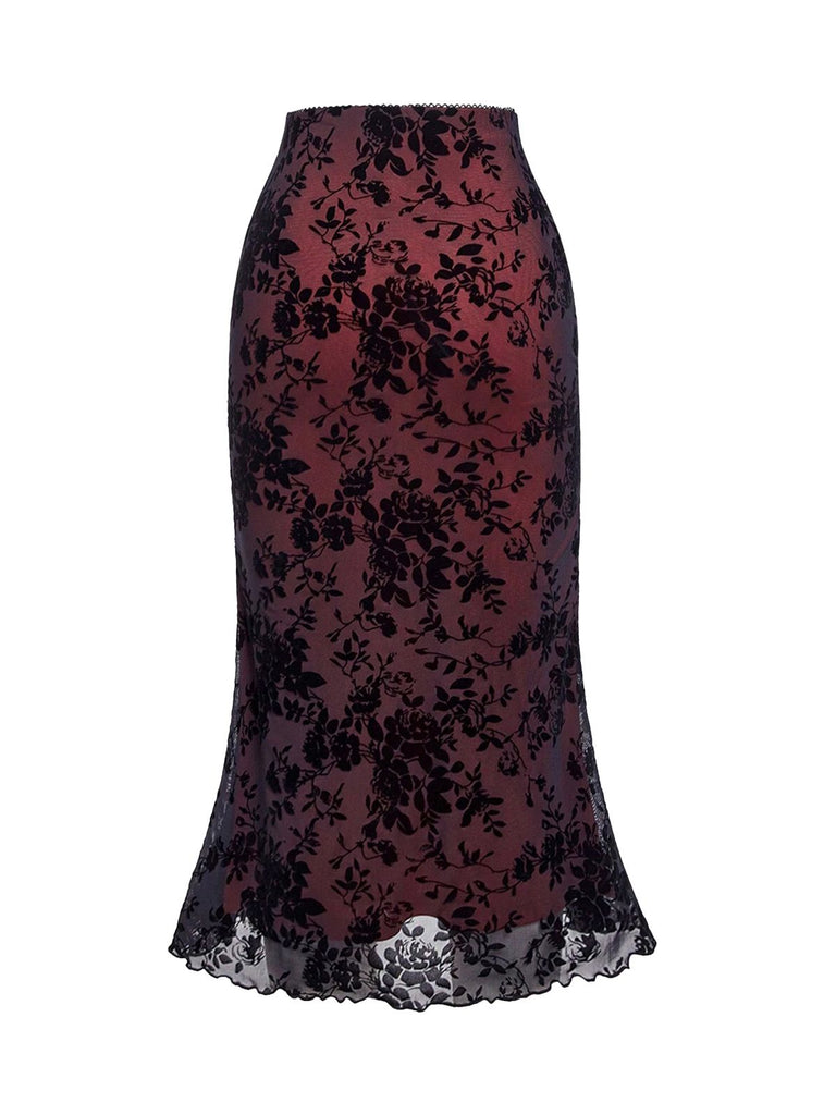 3PCS Ensemble transparent motif floral floqué rouge vin années 1930