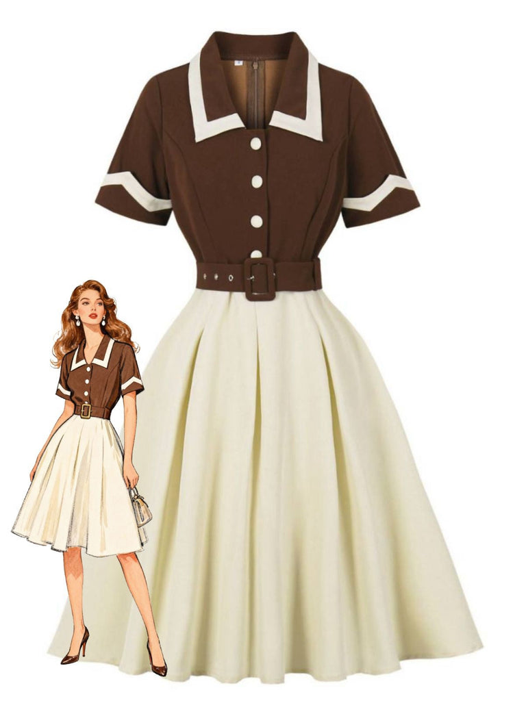 Robe ceinturée revers contrastés couleur café et beige années 1950