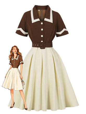 Robe ceinturée revers contrastés couleur café et beige années 1950