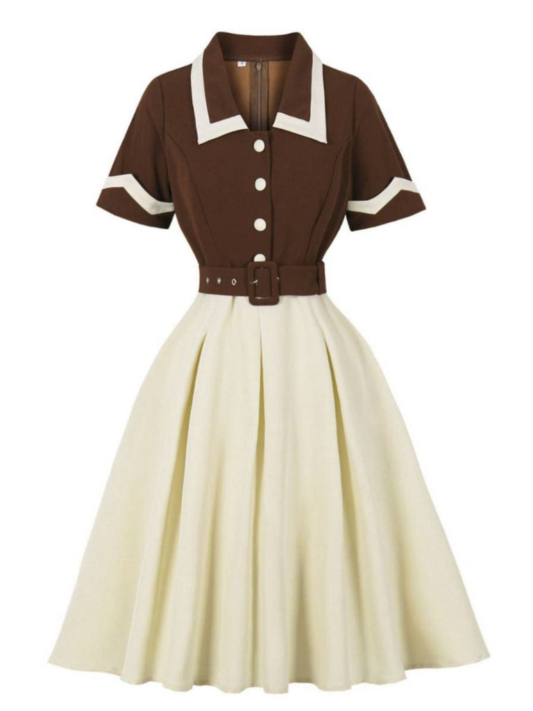 Robe ceinturée revers contrastés couleur café et beige années 1950