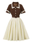 Robe ceinturée revers contrastés couleur café et beige années 1950