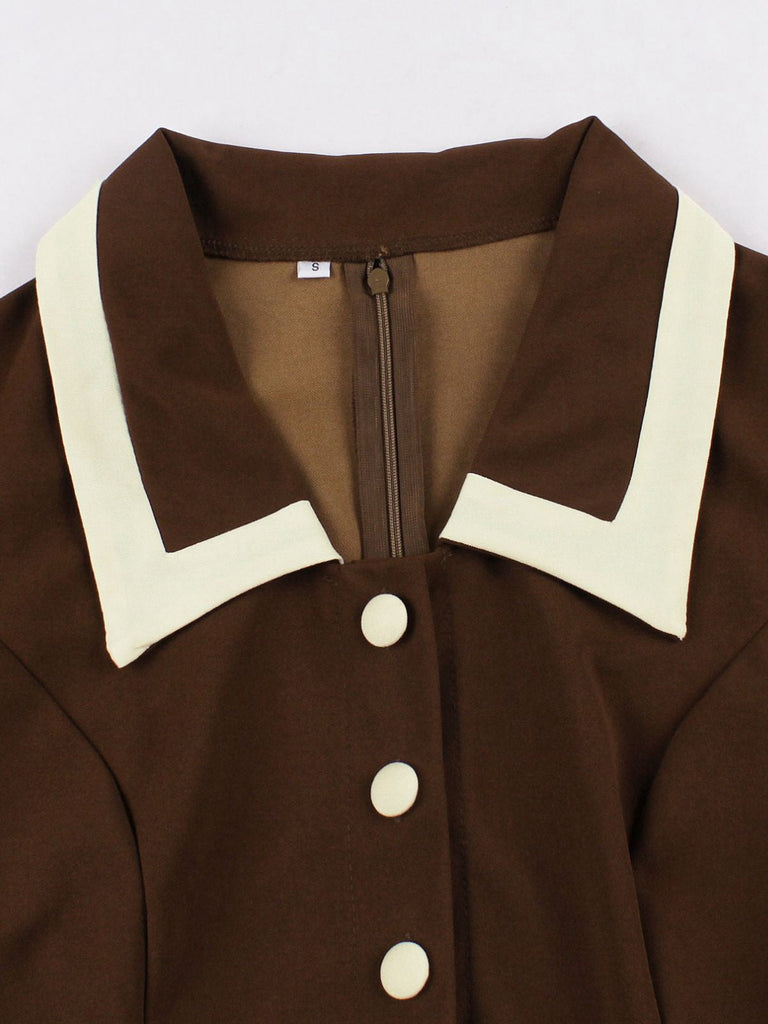 Robe ceinturée revers contrastés couleur café et beige années 1950