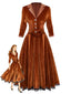 Robe unie marron à revers en velours deux-pièces années 1940