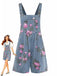Combishort Bleue Jean Fleurs Bretelles Larges Années 1960