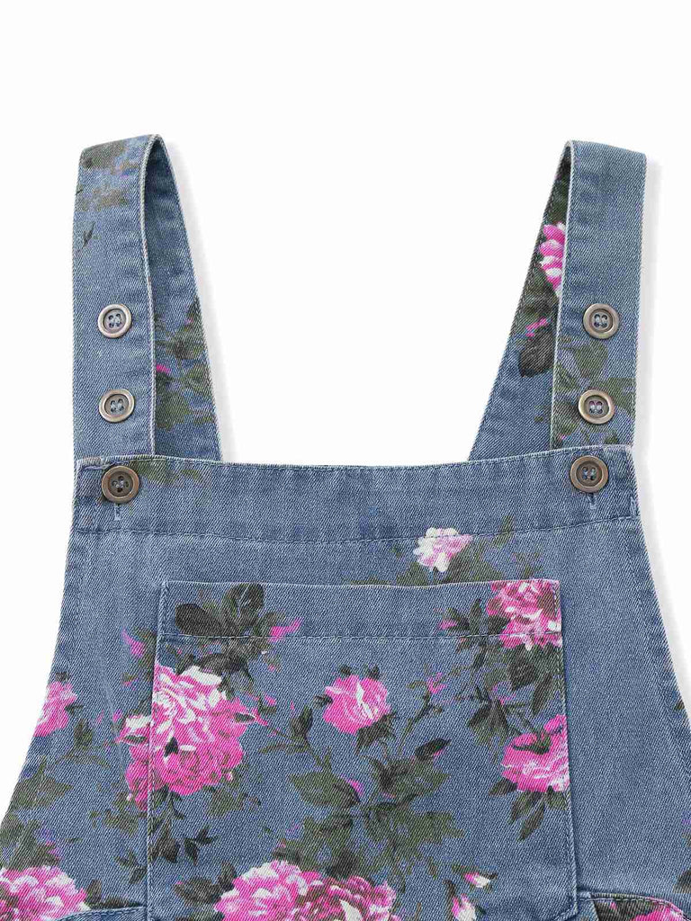 Combishort Bleue Jean Fleurs Bretelles Larges Années 1960