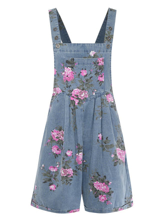 Combishort Bleue Jean Fleurs Bretelles Larges Années 1960