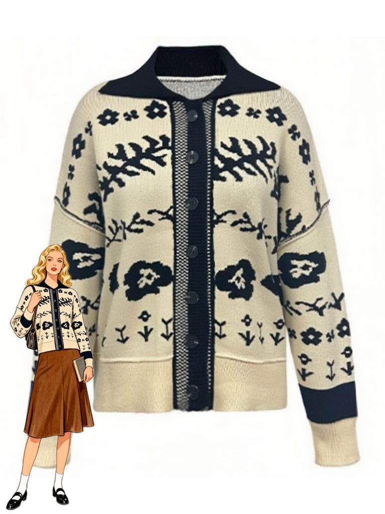 Cadigan Tricoté Beige Fleurs Épaules Tombantes Années 1940