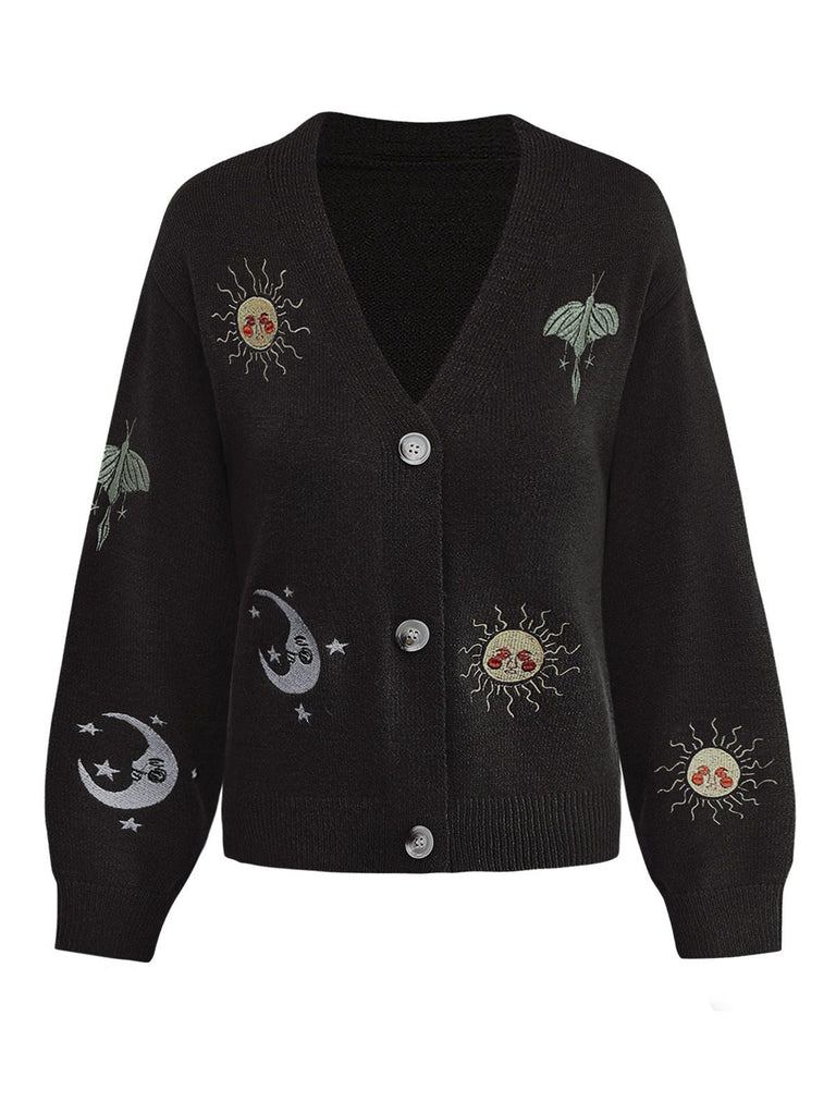 Gilet tricoté à manches lanternes brodées soleil et lune des années 1980