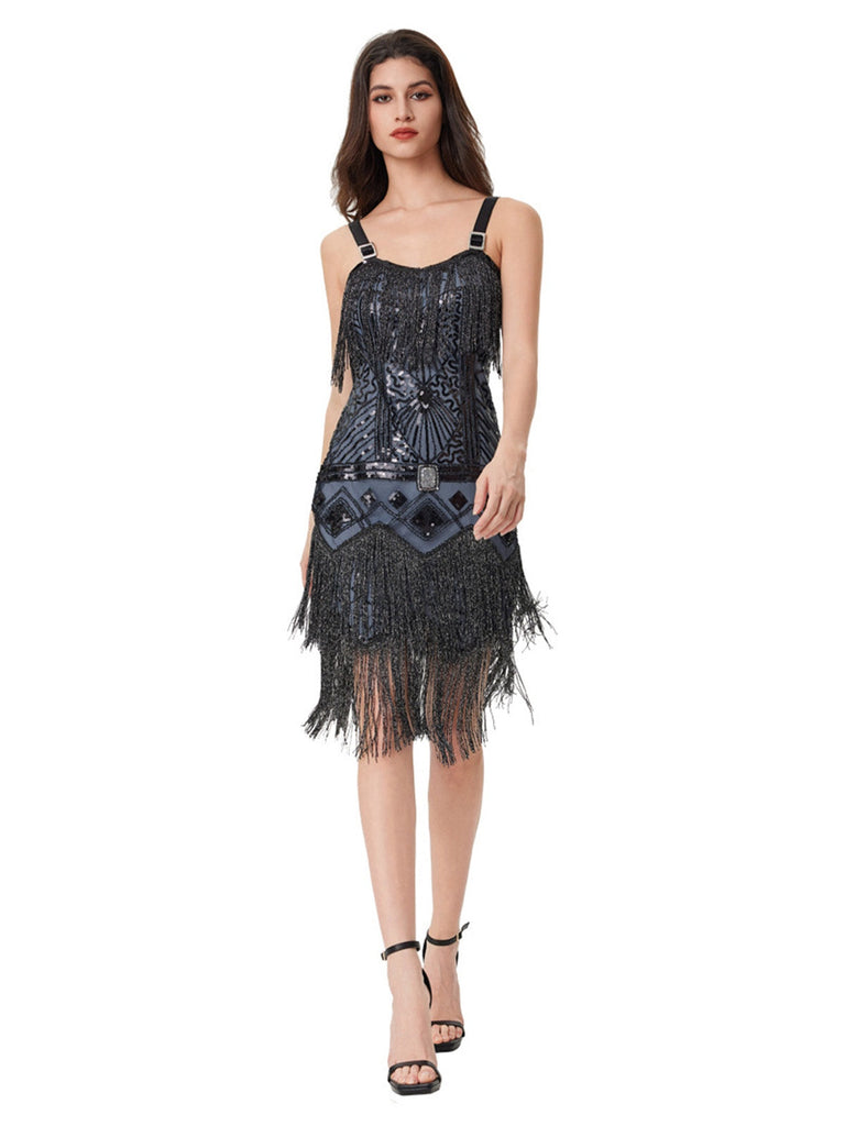 Robe nuisette bleu-gris à sequins et pompons ornée de perles années 1920