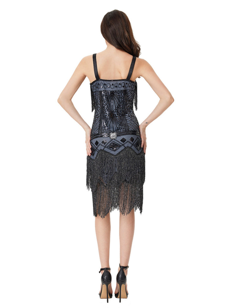 Robe nuisette bleu-gris à sequins et pompons ornée de perles années 1920