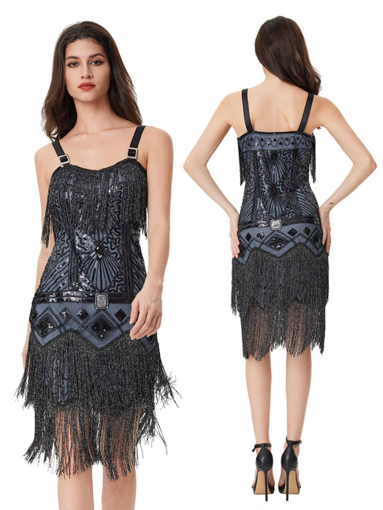 Robe nuisette bleu-gris à sequins et pompons ornée de perles années 1920