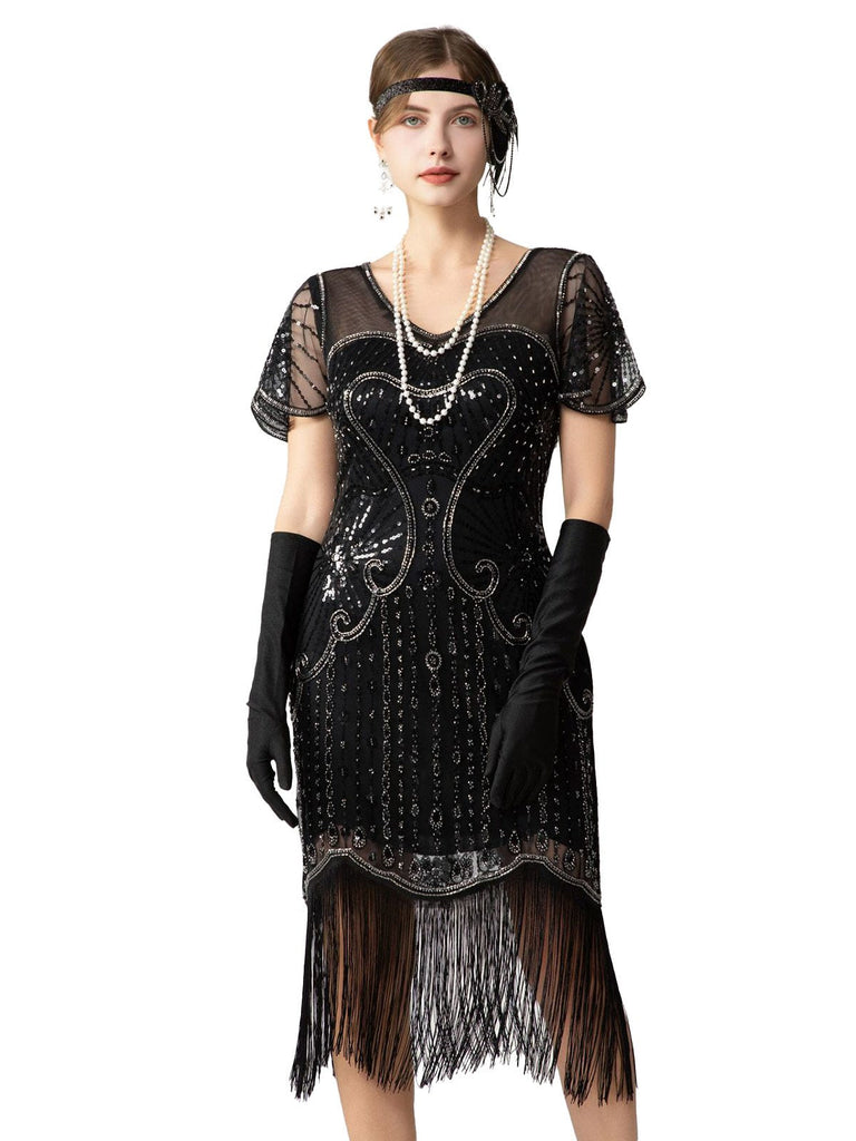 Robe Charleston à paillettes franges et perles des années 1920