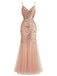 Robe de Soirée Sirène Beige en Résille à Sequins Dos Nu Années 1920