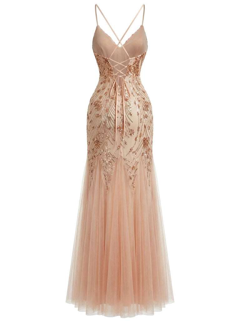 Robe de Soirée Sirène Beige en Résille à Sequins Dos Nu Années 1920