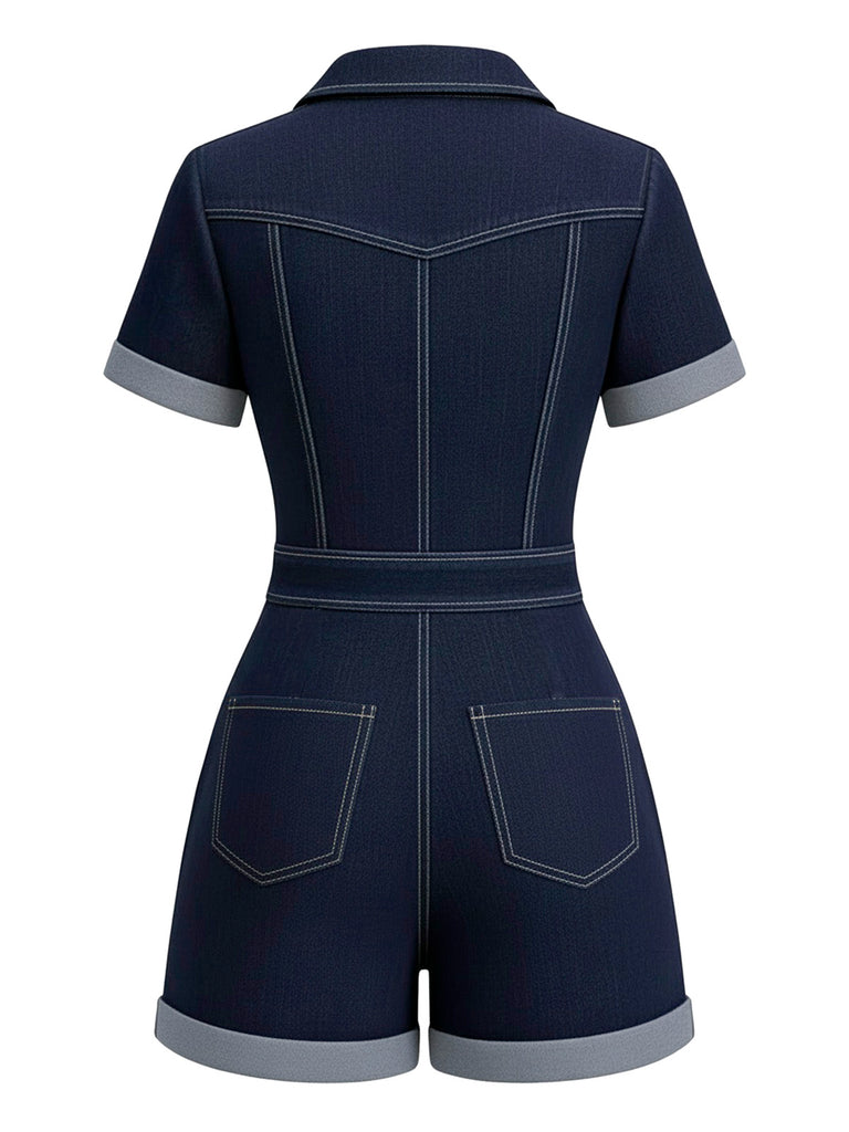 Combishort jean bleu col chemise 1960s